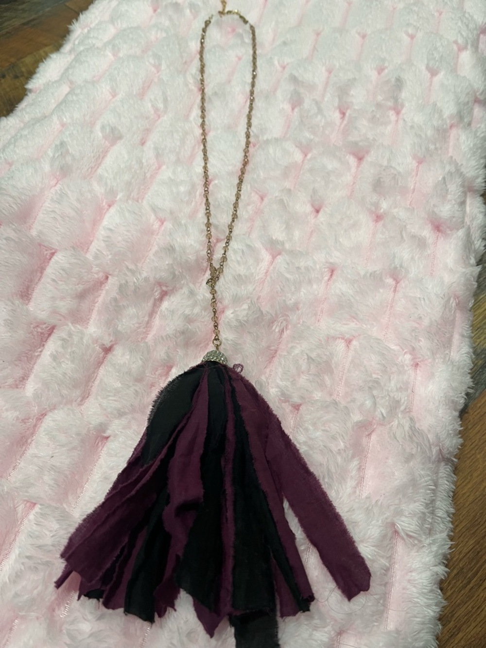 Long Gold Chain Necklace with Black and Plum Fabric Tassel